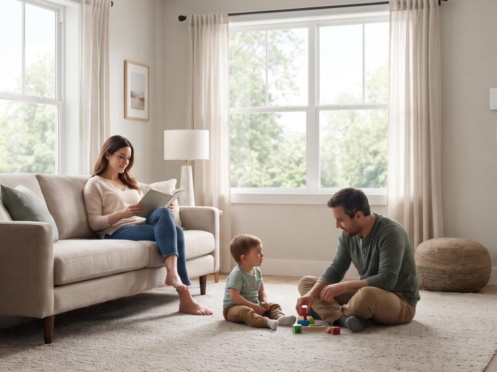 famille sereine dans un intérieur protégé par la domotique