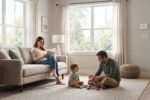 famille sereine dans un intérieur protégé par la domotique