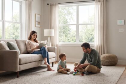 famille sereine dans un intérieur protégé par la domotique