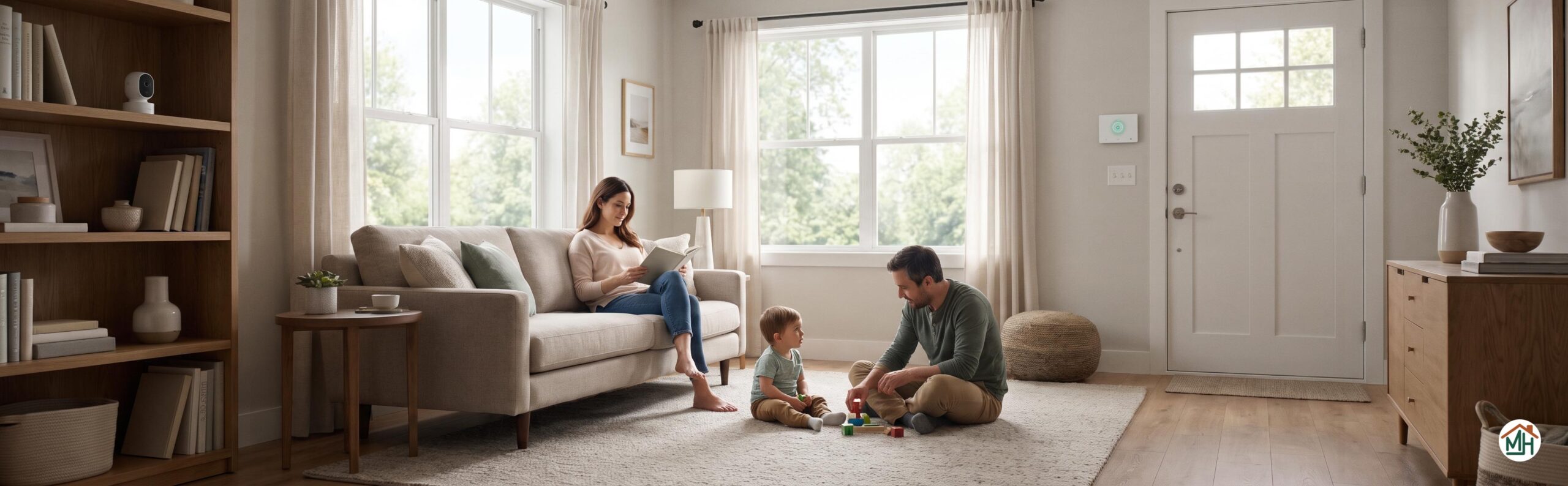 famille sereine dans un intérieur protégé par la domotique