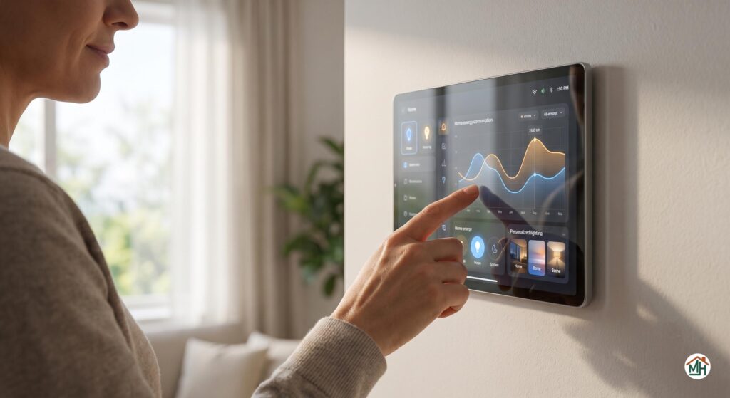 Utilisateur gérant la consommation d'énergie d'une maison intelligente via une interface domotique IA intuitive