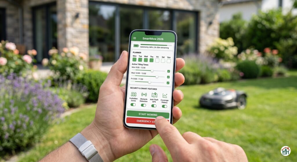 Interface smartphone tondeuse robot 2026 : programmation, autonomie et fonctionnalités intelligentes expliquées