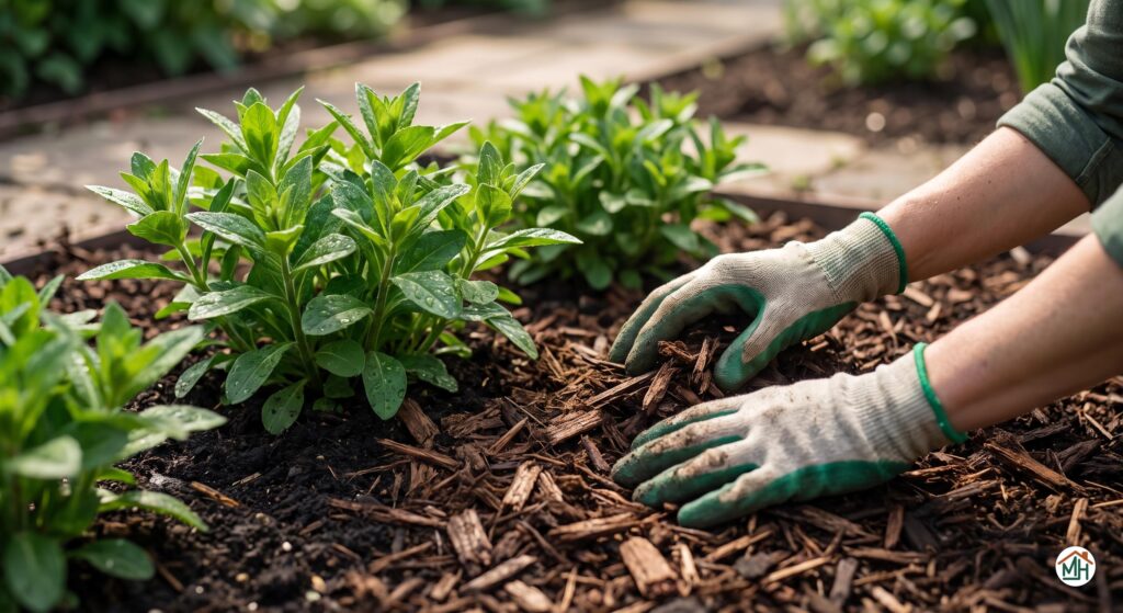 Application de paillis organique pour réduire l'entretien d'un jardin