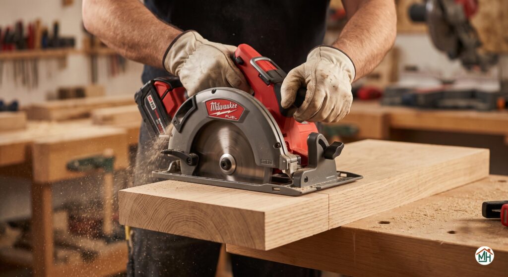 Menuisier utilisant une scie circulaire Milwaukee M18 FUEL pour une coupe précise dans le bois