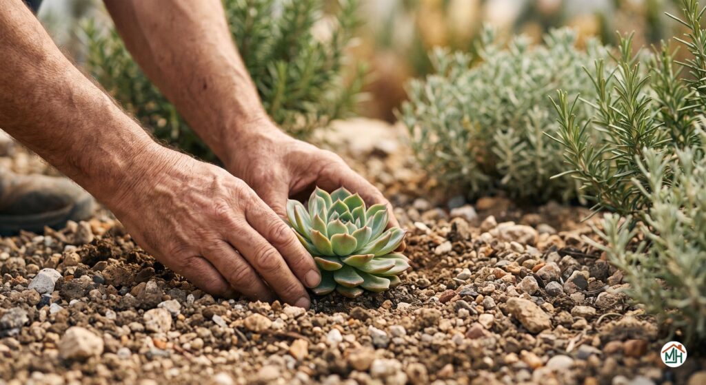 Zoom sur la Plantation d'une succulente dans un jardin sec