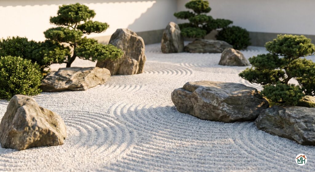 Aménagement minimaliste d'un jardin japonais avec rocailles, gravier ratissé et plantes taillées, coût des matériaux.