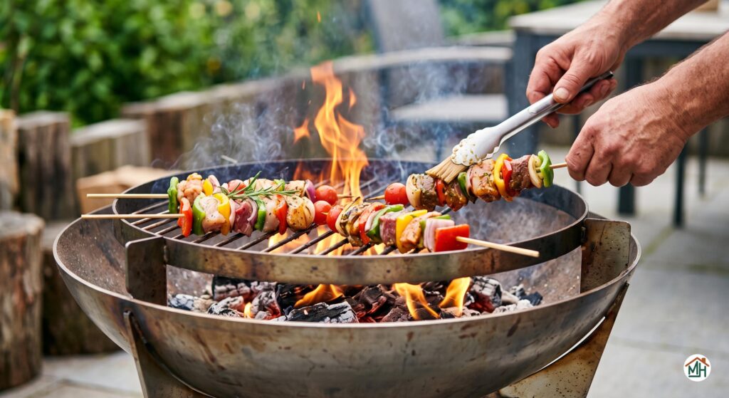 Brasero multifonction utilisé pour la cuisson de brochettes en extérieur