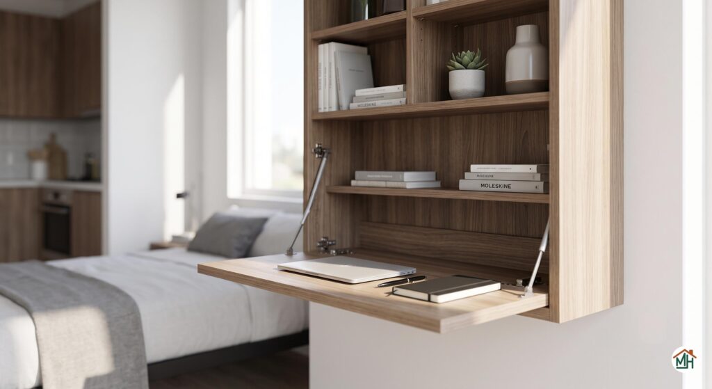 Bureau escamotable et étagères intégrés dans un meuble de rangement mural pour optimiser l'espace d'un petit studio