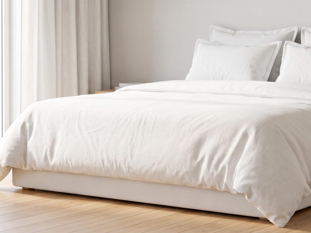 Chambre lumineuse avec un matelas blanc et des draps clairs, symbole de propreté et de fraîcheur