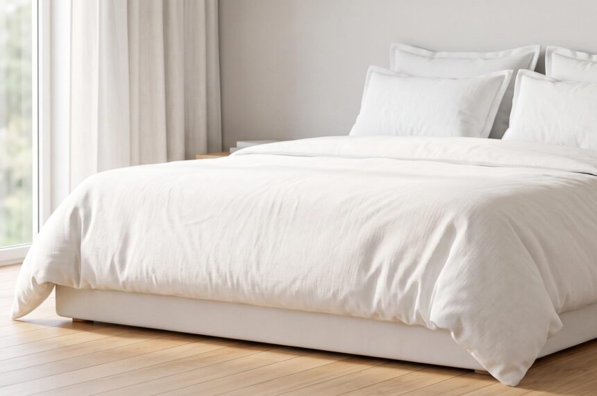 Chambre lumineuse avec un matelas blanc et des draps clairs, symbole de propreté et de fraîcheur