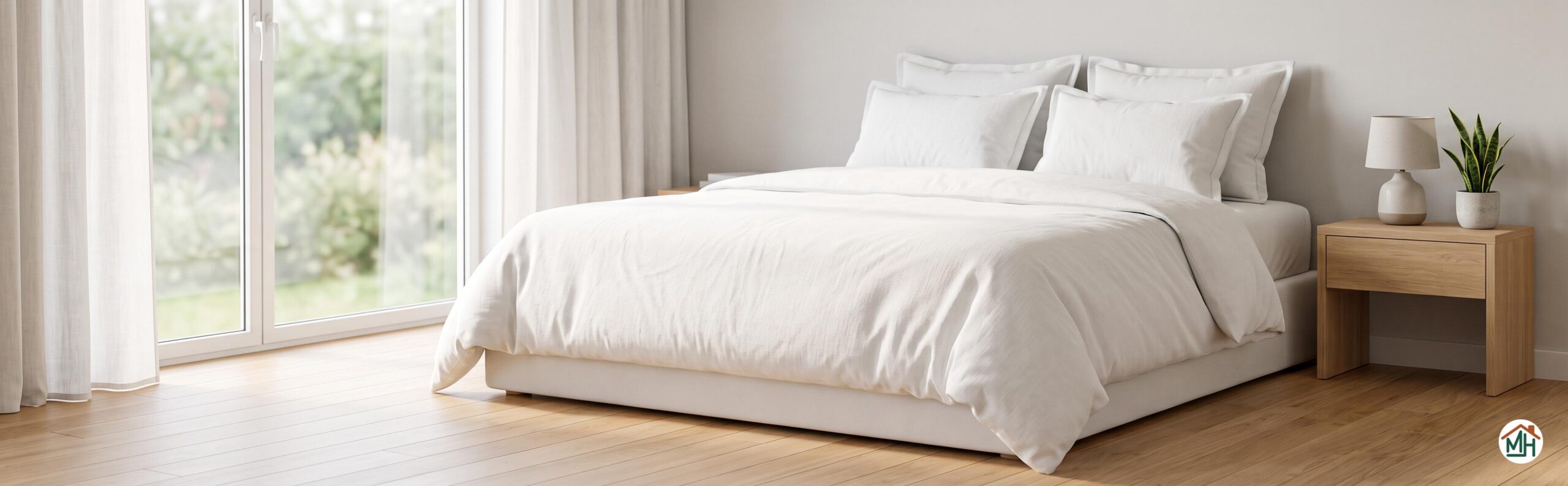 Chambre lumineuse avec un matelas blanc et des draps clairs, symbole de propreté et de fraîcheur