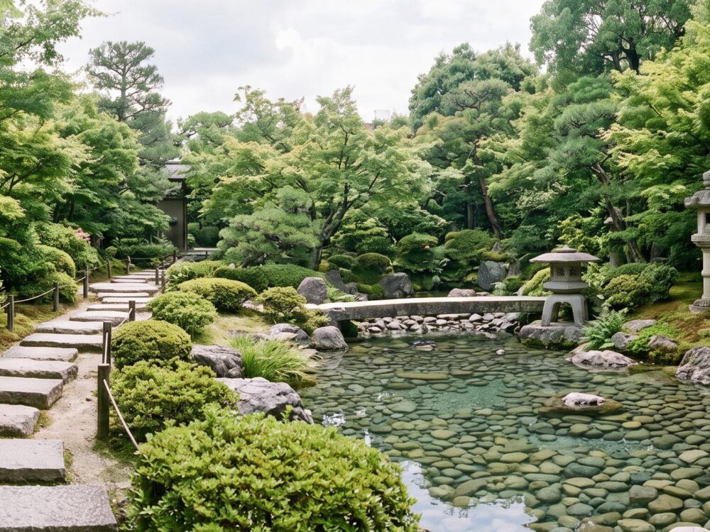 Chemin de pas japonais menant à un bassin avec lanternes en pierre