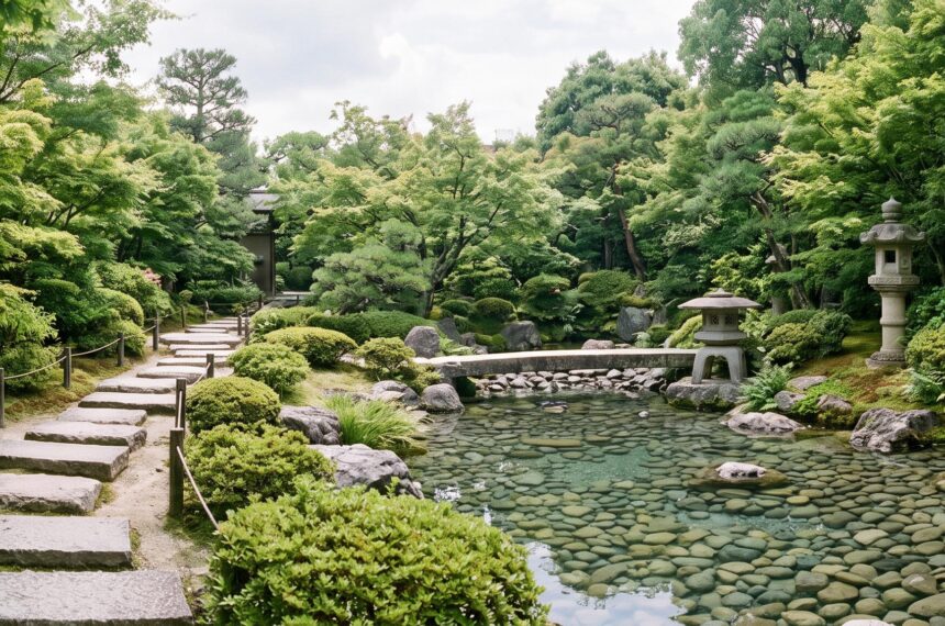 Chemin de pas japonais menant à un bassin avec lanternes en pierre
