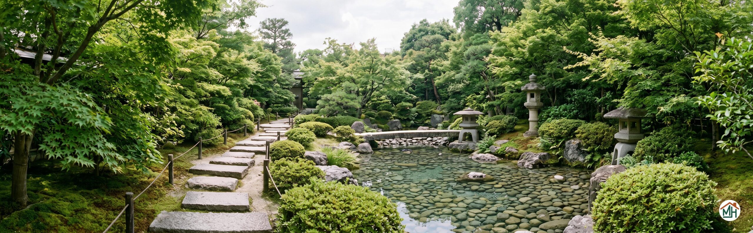 Chemin de pas japonais menant à un bassin avec lanternes en pierre