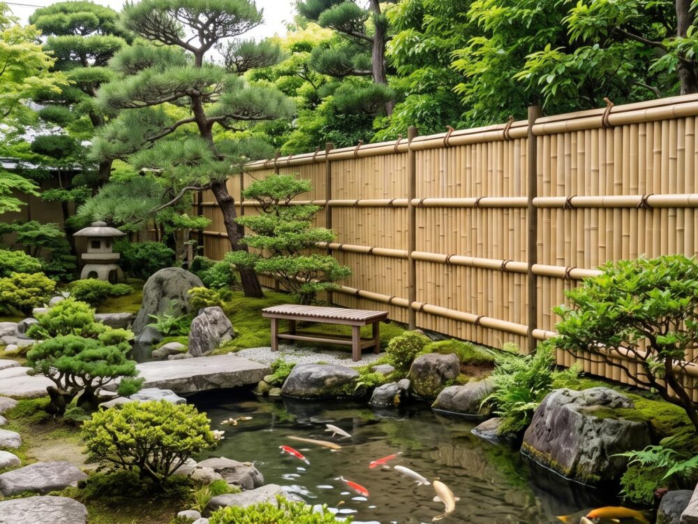 Clôture en bambou traditionnelle dans un jardin japonais zen, brise-vue naturel