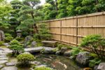 Clôture en bambou traditionnelle dans un jardin japonais zen, brise-vue naturel