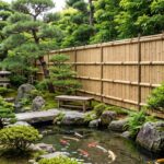 Clôture en bambou traditionnelle dans un jardin japonais zen, brise-vue naturel