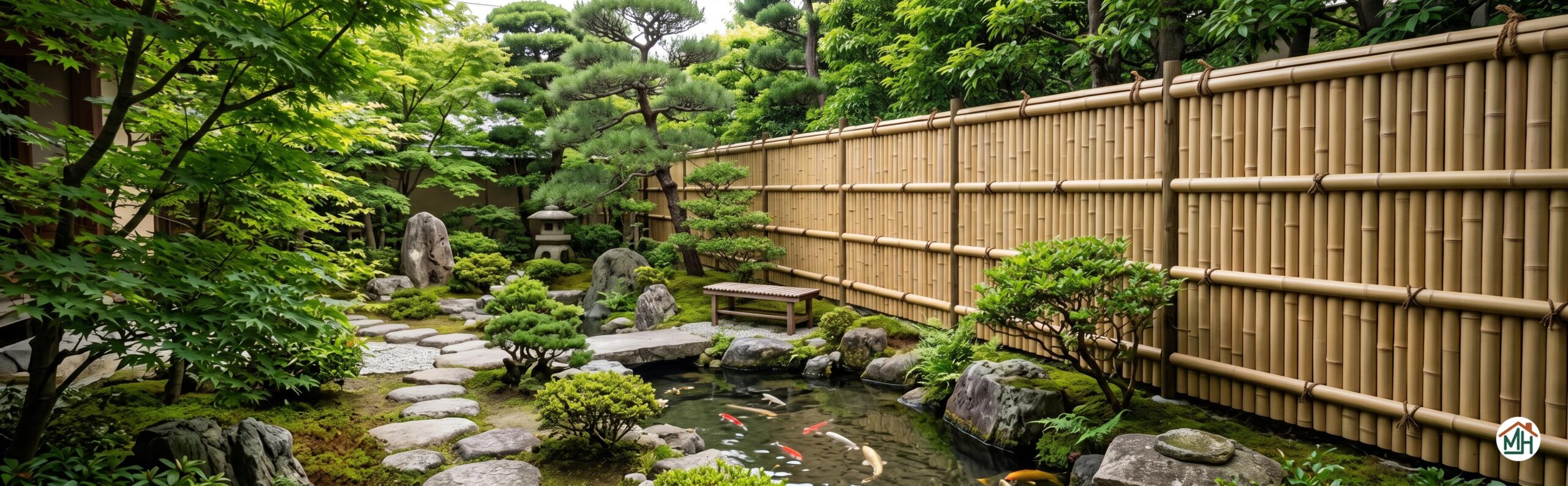 Clôture en bambou traditionnelle dans un jardin japonais zen, brise-vue naturel