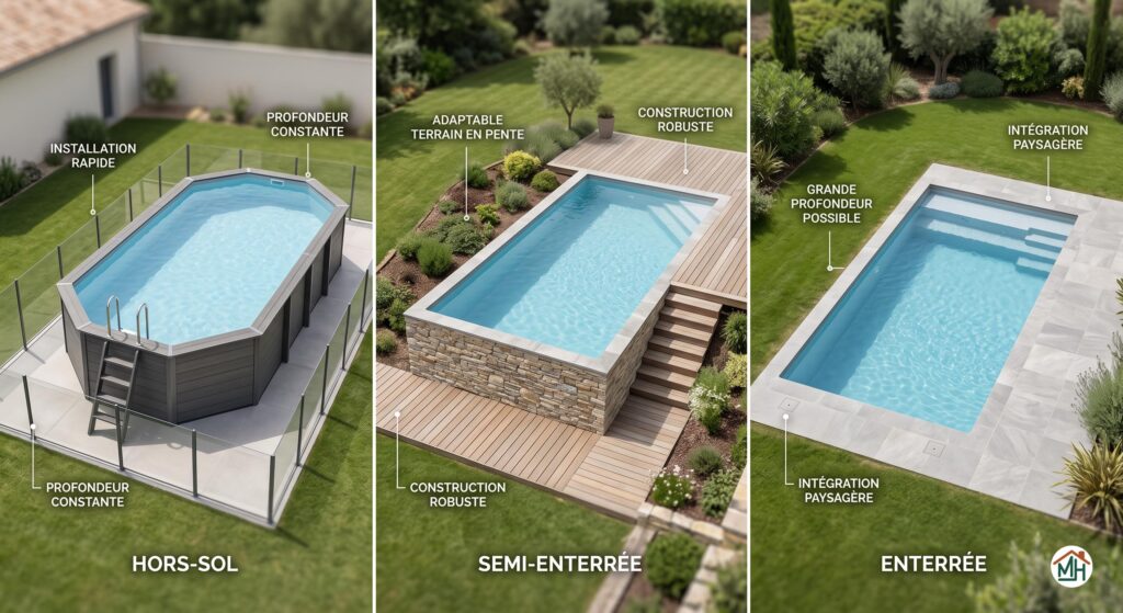 Comparatif visuel des types de piscines : hors-sol, semi-enterrée et enterrée, avec critères clés.