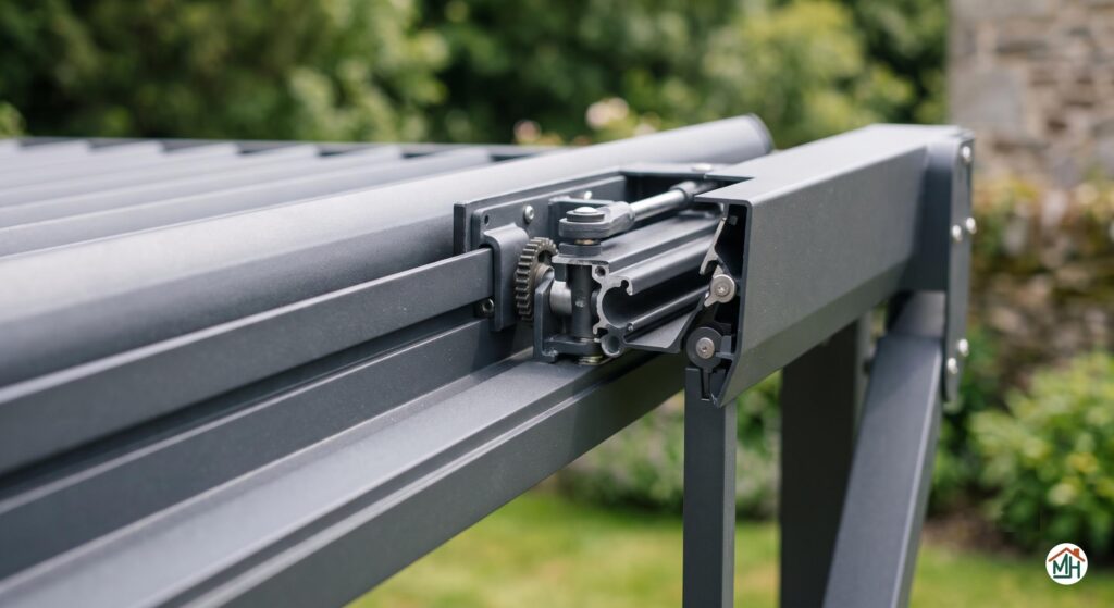 Détail mécanisme lames orientables pergola bioclimatique aluminium anthracite