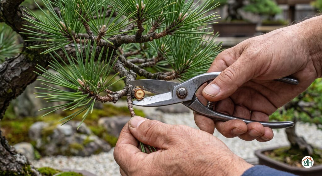 Gros plan mains jardinier taillant pin japonais avec sécateur, technique taille arbre bonsaï