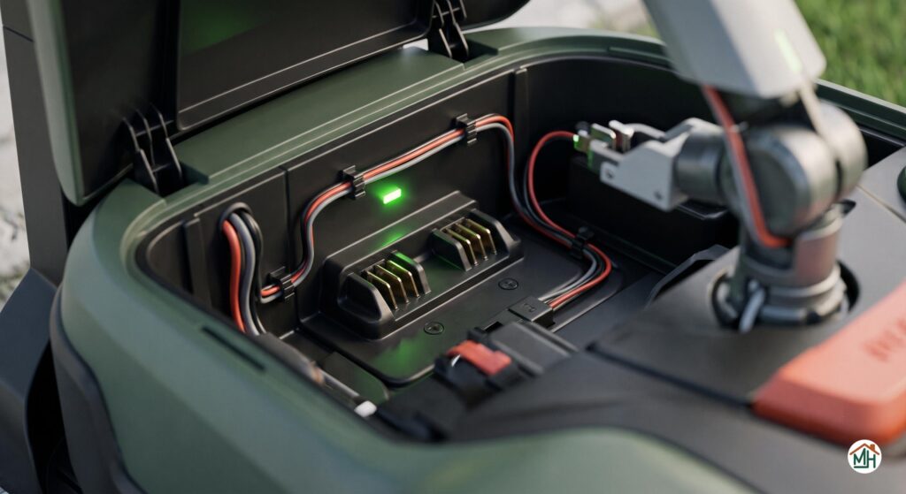 Gros plan sur la station de charge d'un robot tondeuse