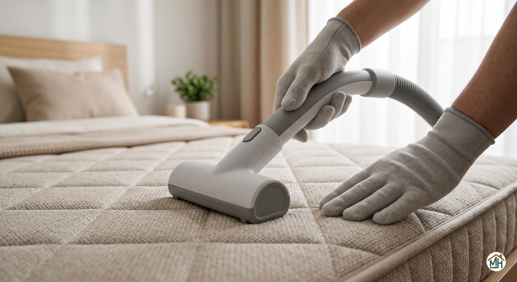 Gros plan sur une personne nettoyant un matelas avec un aspirateur pour un entretien efficace