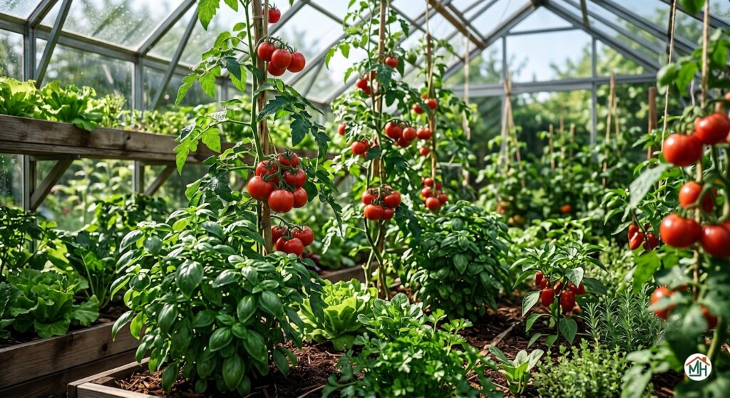Cultures variées sous serre : optimiser l'espace pour vos plants de tomates et aromatiques.