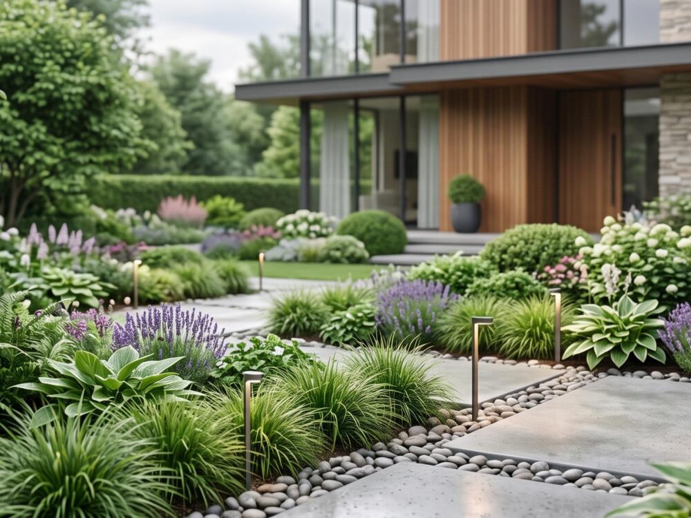 Jardin connecté moderne avec arrosage intelligent et éclairage discret
