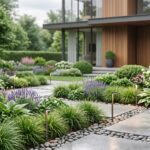 Jardin connecté moderne avec arrosage intelligent et éclairage discret