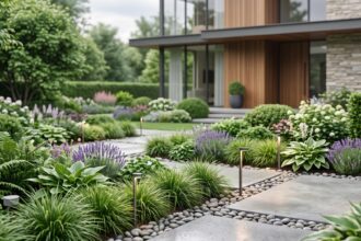 Jardin connecté moderne avec arrosage intelligent et éclairage discret