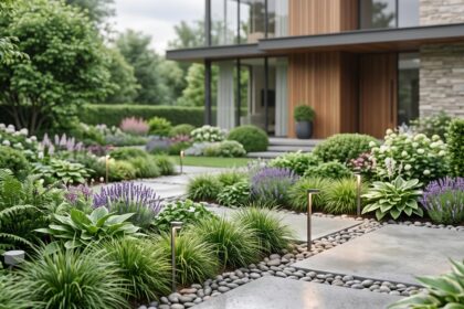 Jardin connecté moderne avec arrosage intelligent et éclairage discret