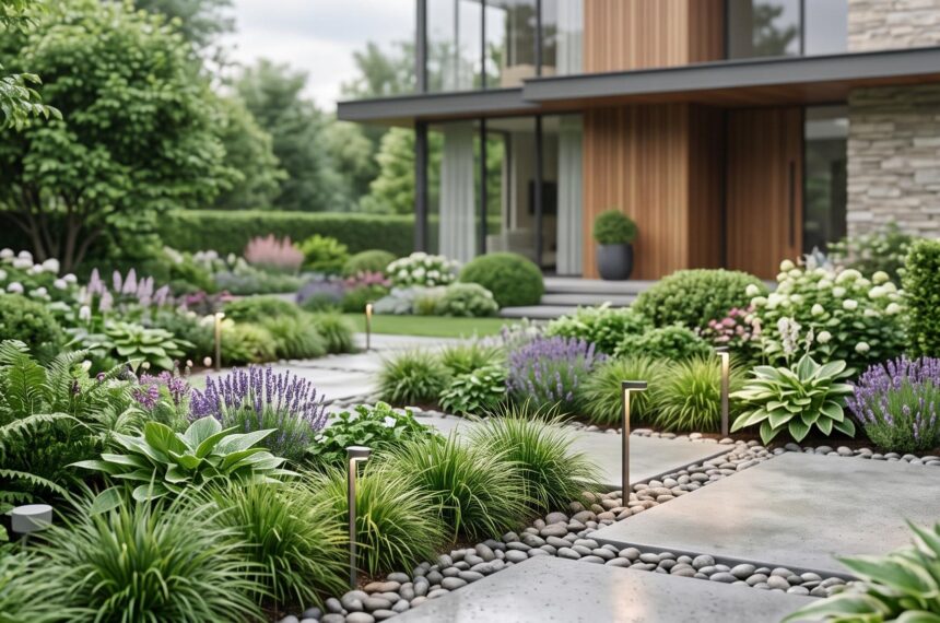 Jardin connecté moderne avec arrosage intelligent et éclairage discret