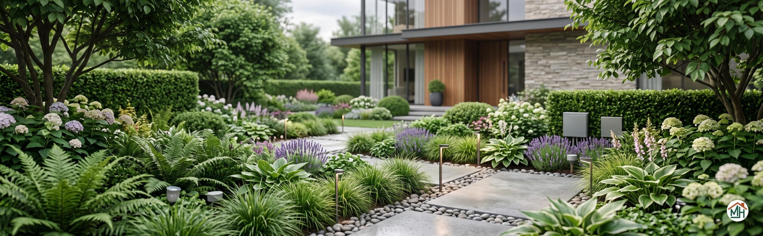 Jardin connecté moderne avec arrosage intelligent et éclairage discret