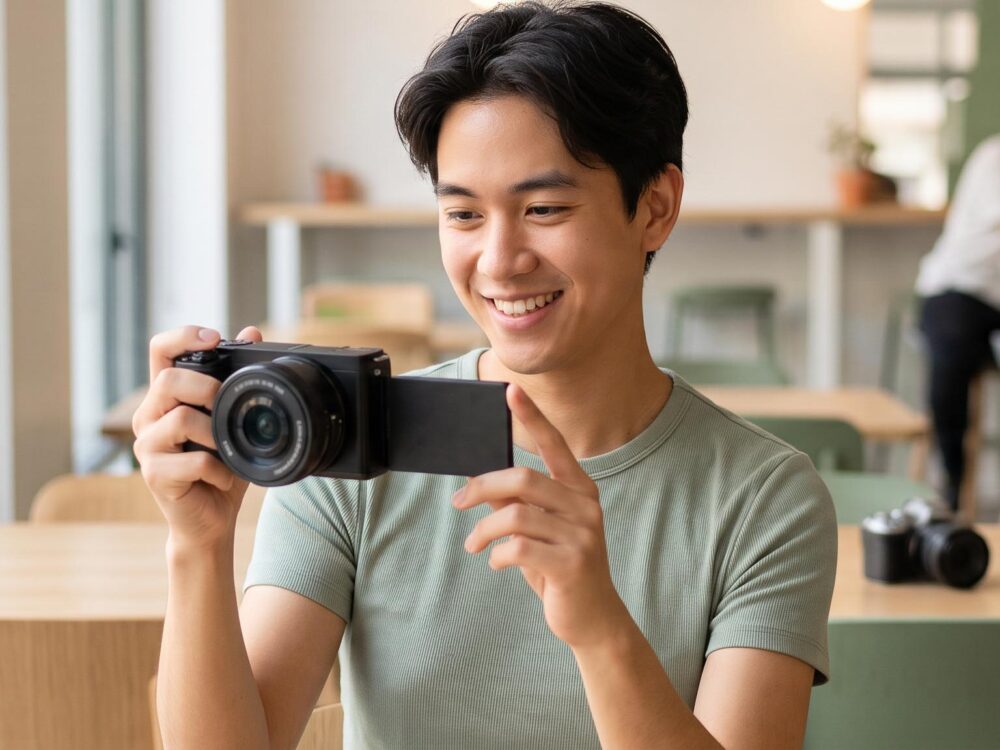 Jeune créateur de contenu débutant avec un Sony ZV-E10 ou un Canon R50 en main, choix d'appareil hybride.