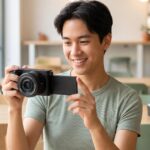 Jeune créateur de contenu débutant avec un Sony ZV-E10 ou un Canon R50 en main, choix d'appareil hybride.