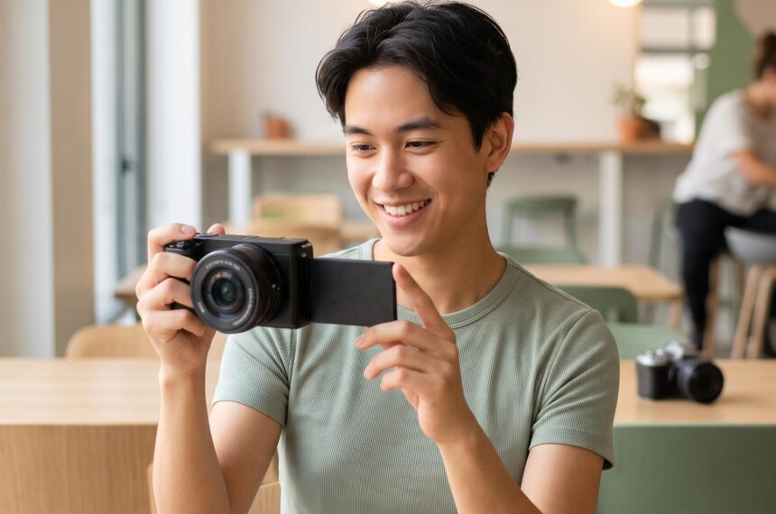 Jeune créateur de contenu débutant avec un Sony ZV-E10 ou un Canon R50 en main, choix d'appareil hybride.
