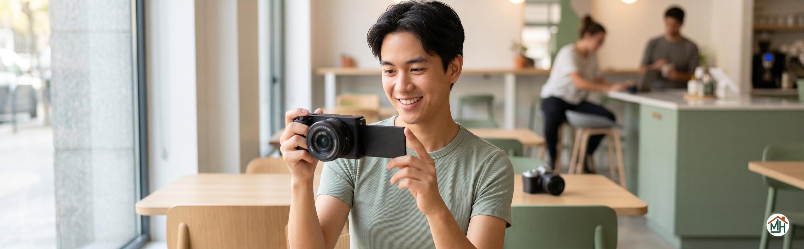 Jeune créateur de contenu débutant avec un Sony ZV-E10 ou un Canon R50 en main, choix d'appareil hybride.