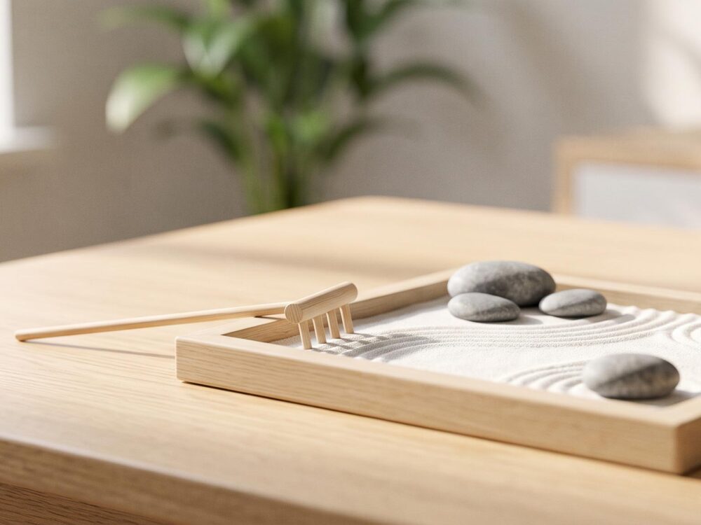 Kit jardin zen miniature élégant sur un bureau en bois pour méditation et détente au travail
