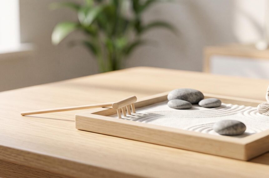 Kit jardin zen miniature élégant sur un bureau en bois pour méditation et détente au travail