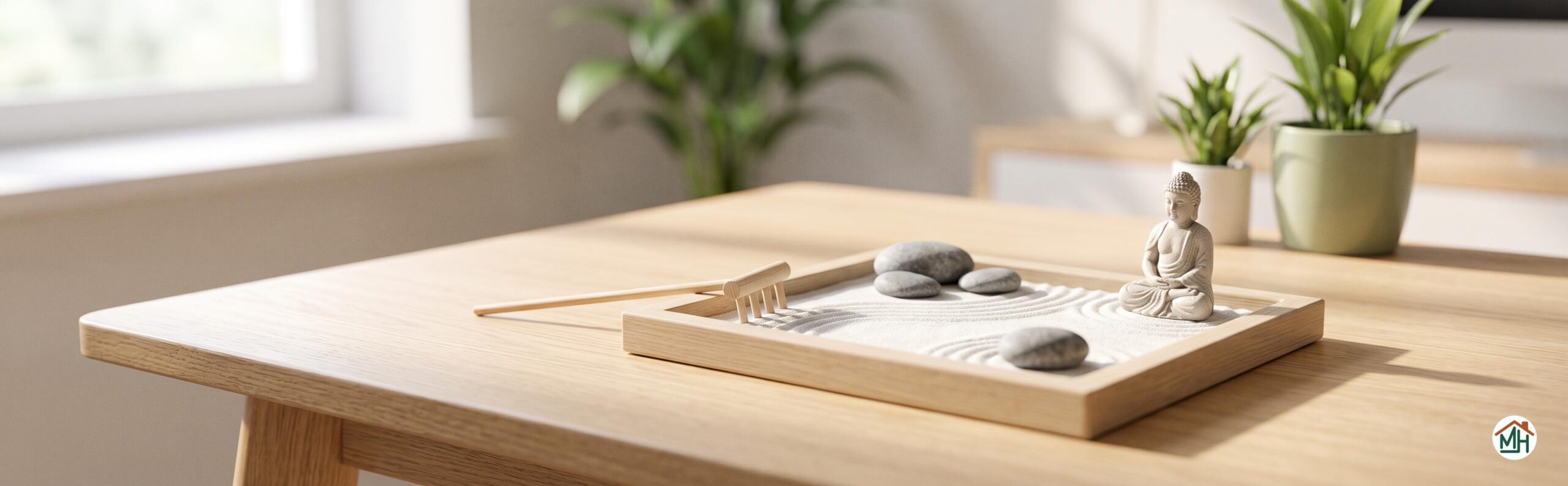 Kit jardin zen miniature élégant sur un bureau en bois pour méditation et détente au travail