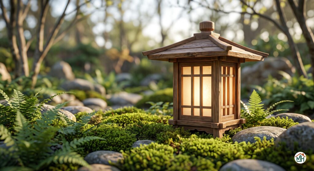 Lanterne japonaise en bois de cèdre éclairée, entourée de mousse et de verdure dans un jardin paisible