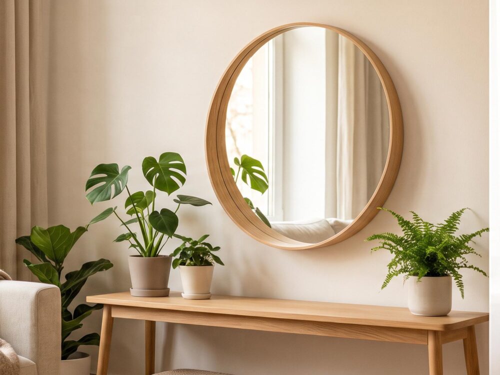 Miroir scandinave rond en bois clair au-dessus d'une console en bois, reflétant une lumière douce dans un salon hygge