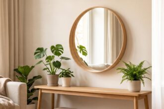 Miroir scandinave rond en bois clair au-dessus d'une console en bois, reflétant une lumière douce dans un salon hygge