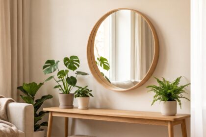 Miroir scandinave rond en bois clair au-dessus d'une console en bois, reflétant une lumière douce dans un salon hygge
