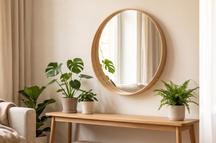 Miroir scandinave rond en bois clair au-dessus d'une console en bois, reflétant une lumière douce dans un salon hygge