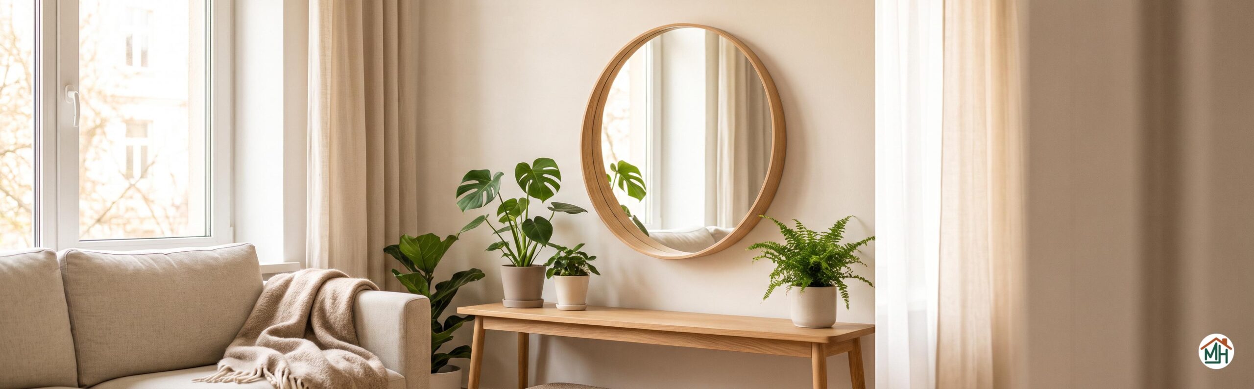 Miroir scandinave rond en bois clair au-dessus d'une console en bois, reflétant une lumière douce dans un salon hygge