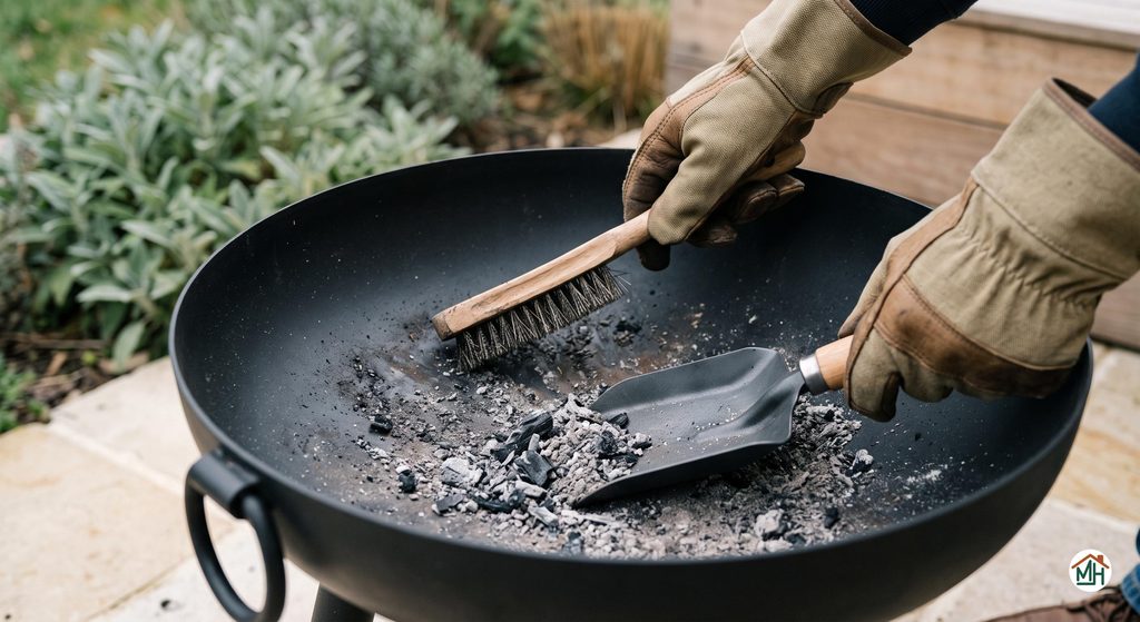 Nettoyage facile d'un brasero en acier noir après utilisation avec brosse et pelle