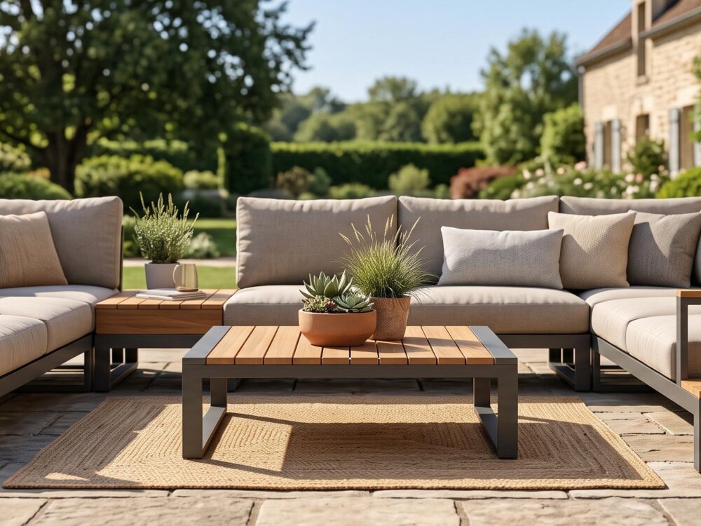Salon de jardin moderne bois métal résine