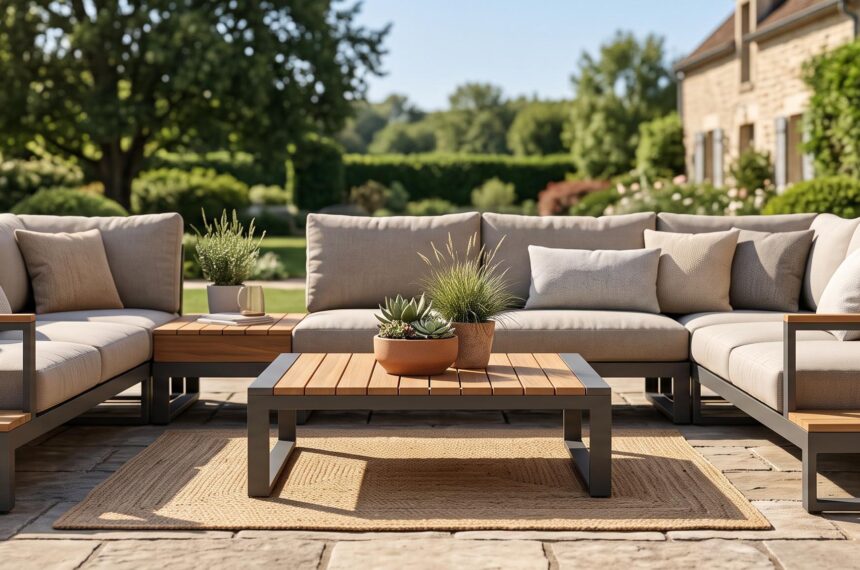 Salon de jardin moderne bois métal résine